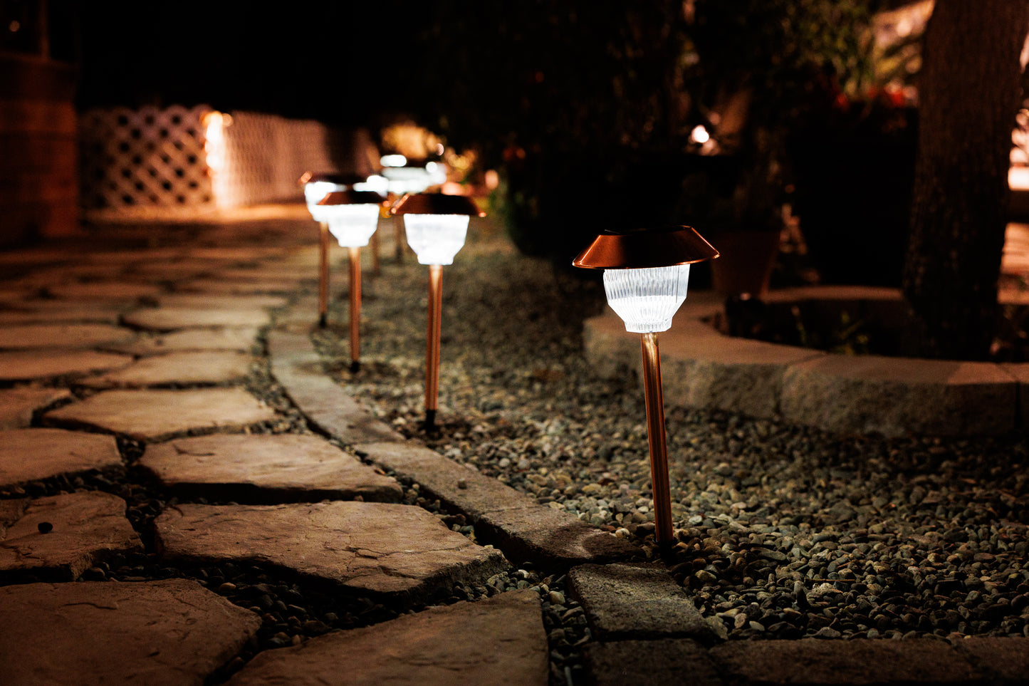 Set of 12 Solar Power Rockwell Path Copper Finished Lights 33865/12