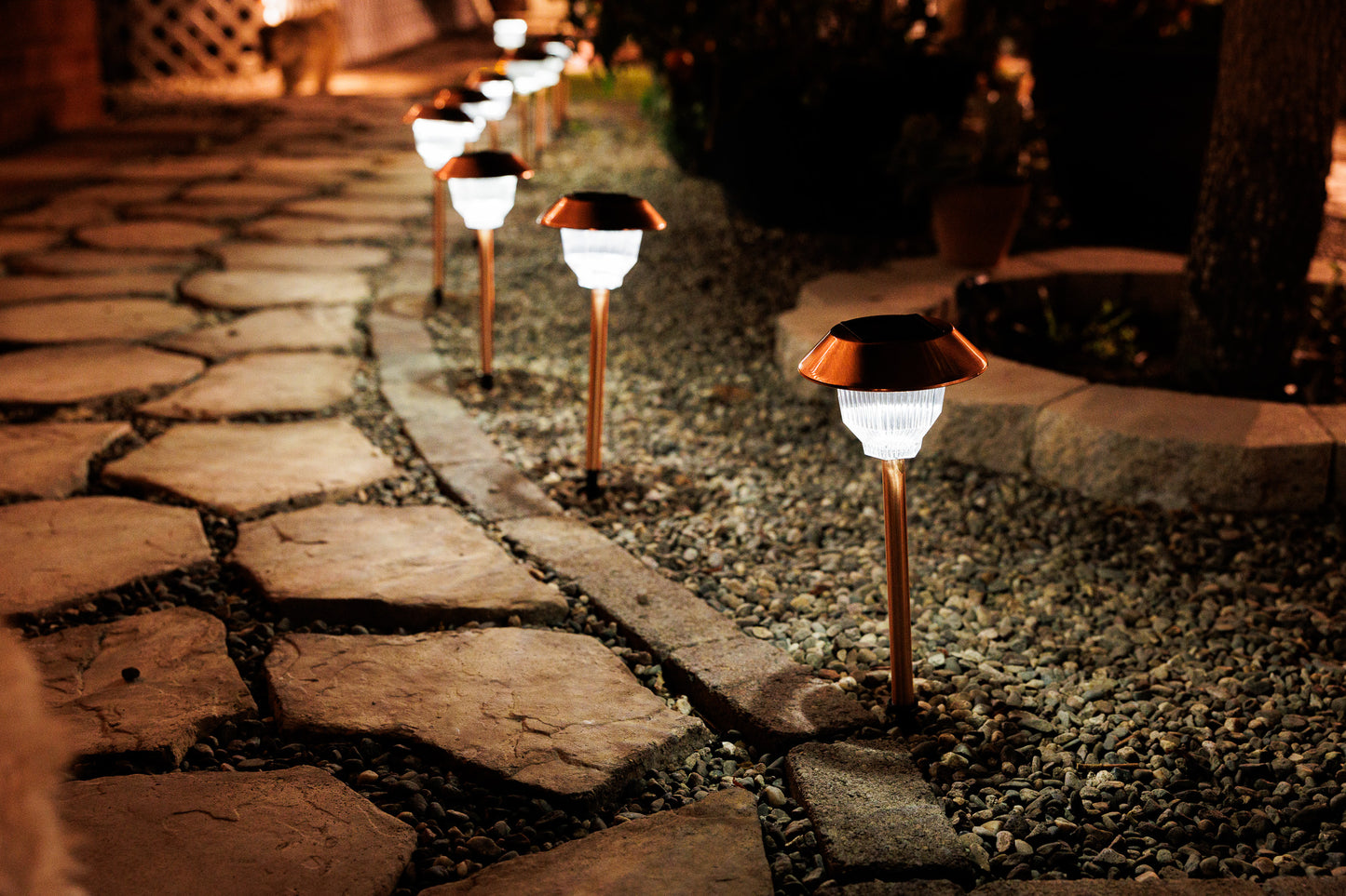 Set of 12 Solar Power Rockwell Path Copper Finished Lights 33865/12