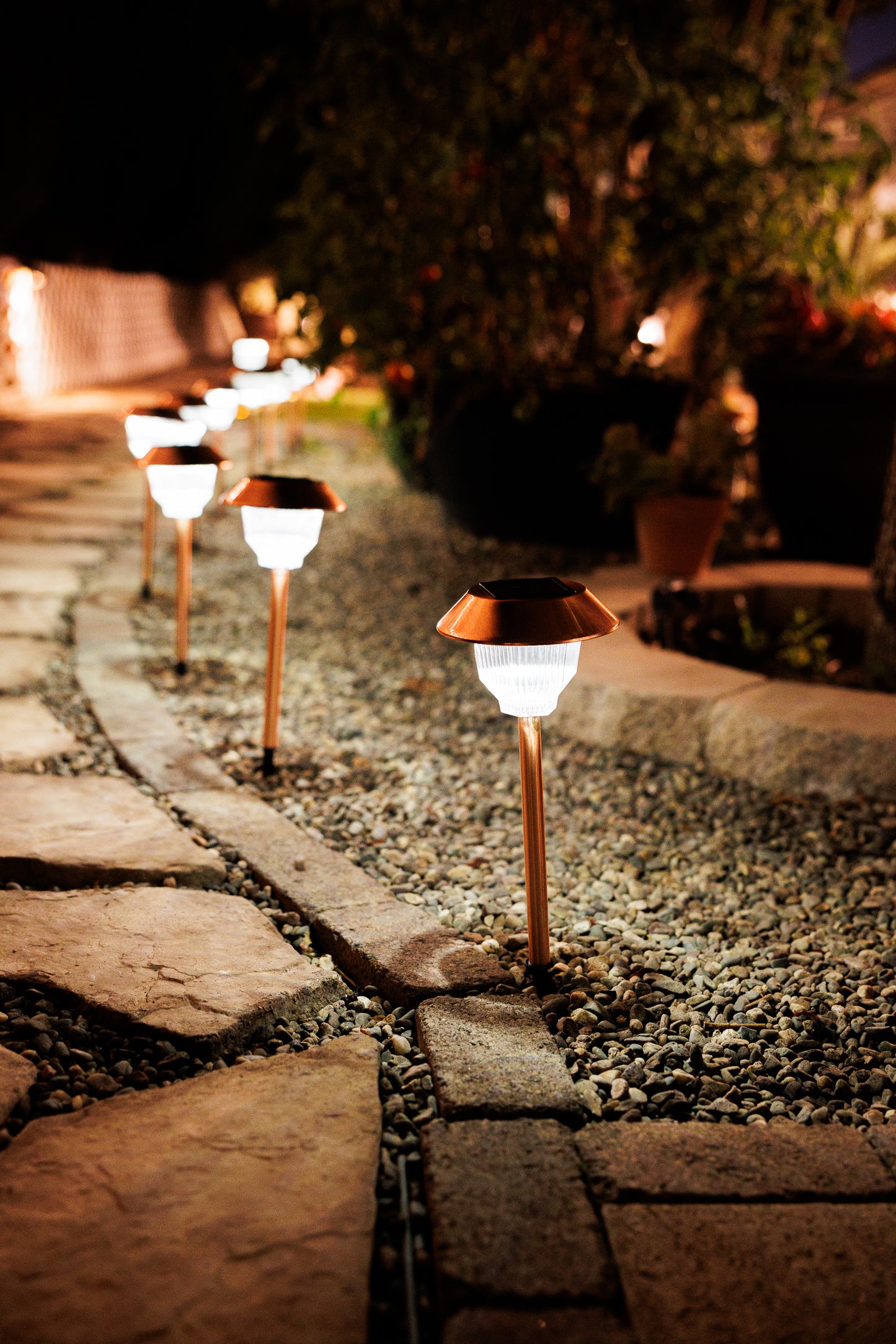 Set of 12 Solar Power Rockwell Path Copper Finished Lights 33865/12