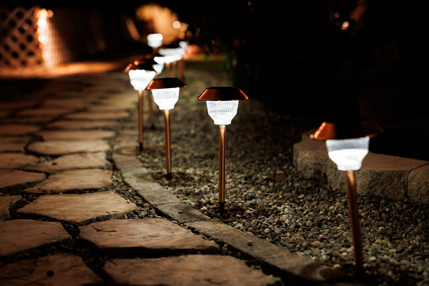 Set of 12 Solar Power Rockwell Path Copper Finished Lights 33865/12