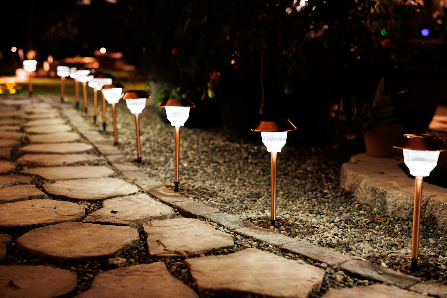 Set of 12 Solar Power Rockwell Path Copper Finished Lights 33865/12