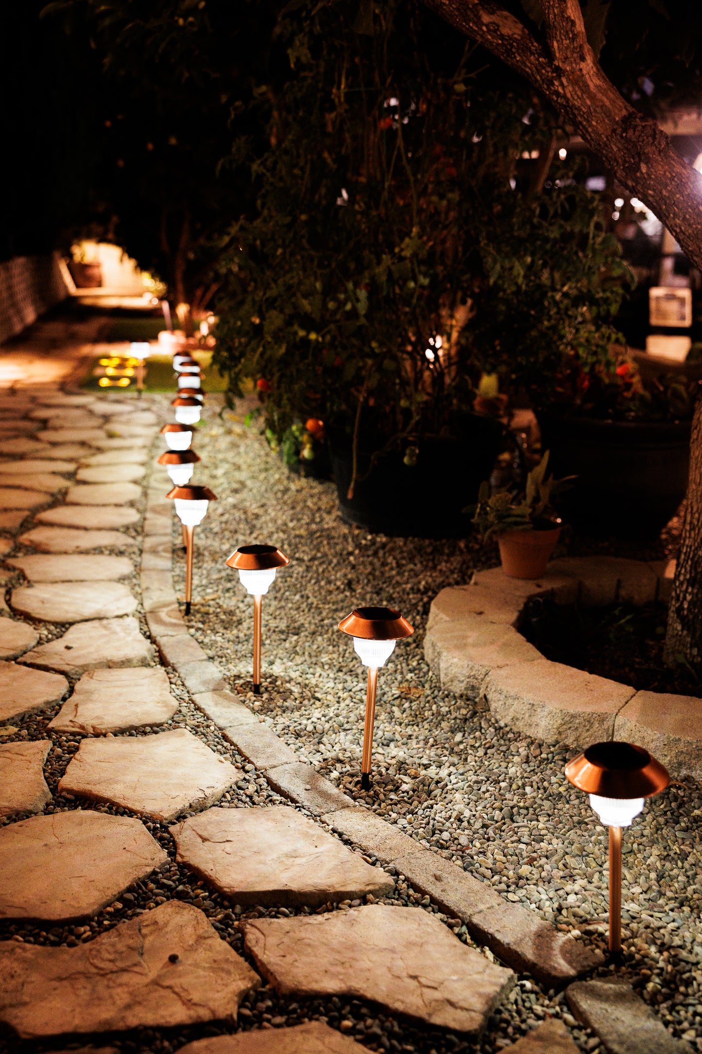 Set of 12 Solar Power Rockwell Path Copper Finished Lights 33865/12